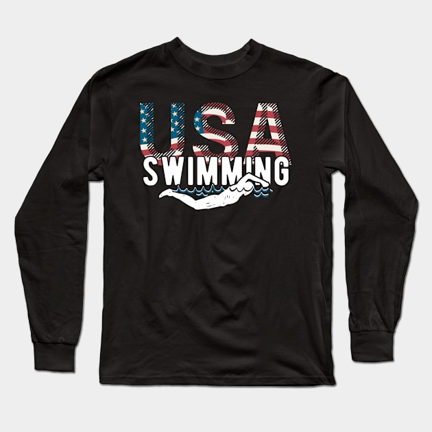 USA Swimming Team American Flag Sport Support Athlete Tokyo Long Sleeve T-Shirt by andreperez87